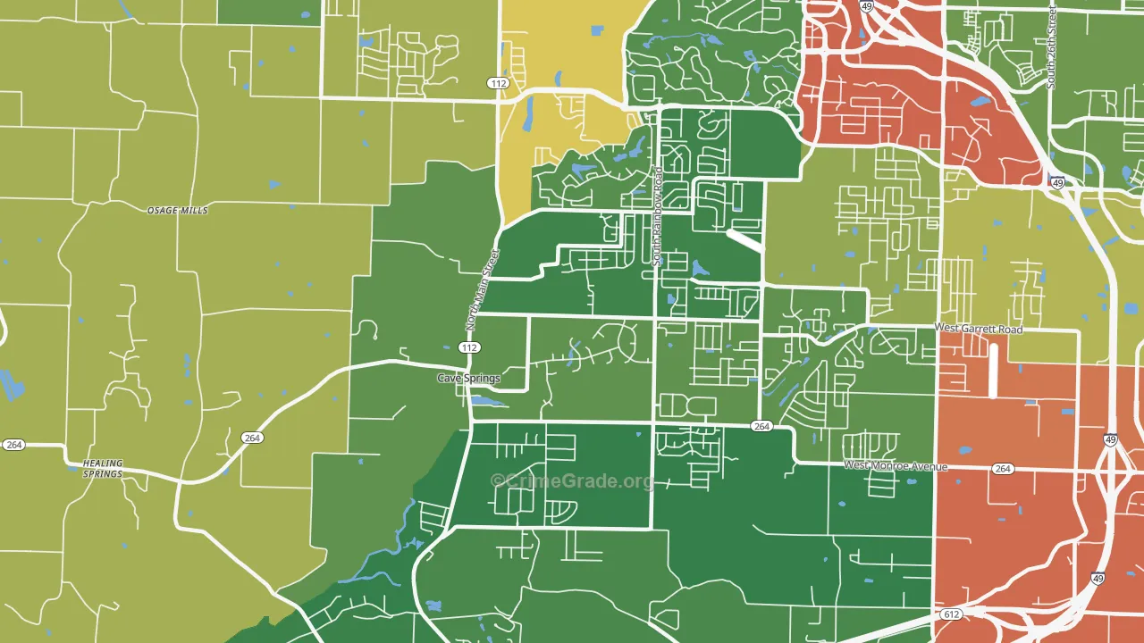 Cave Springs, AR Map of Theft Rates