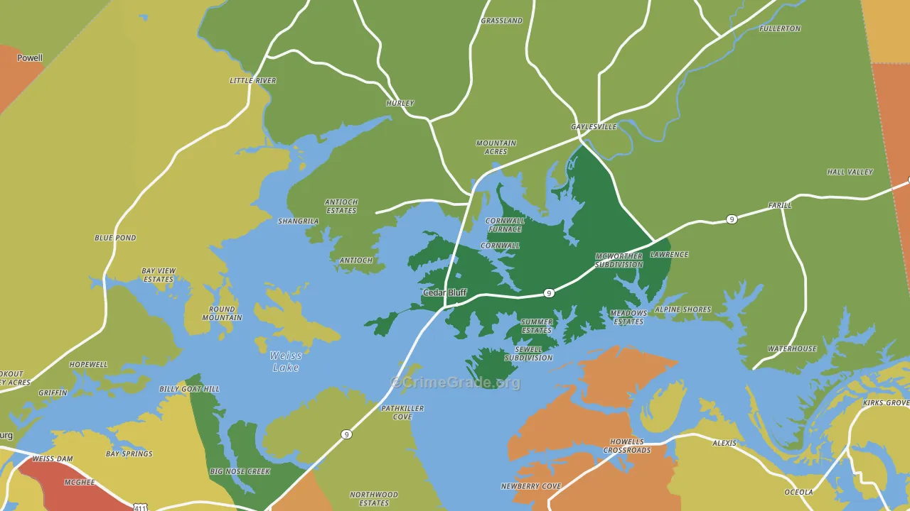 Cedar Bluff, AL Map of Theft Rates