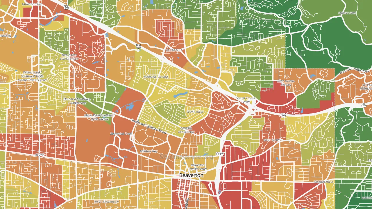 Cedar Hills-Cedar Mill North, Beaverton, OR Map of Theft Rates