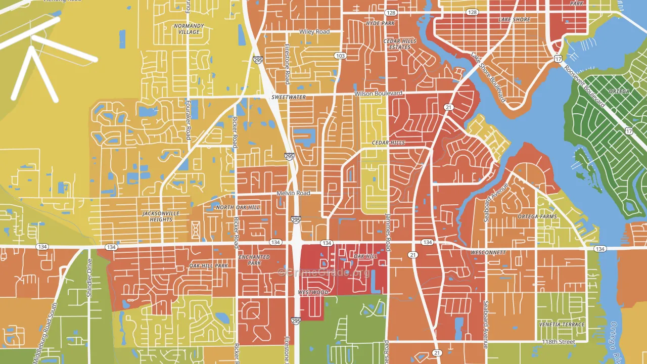 Cedar Hills, Jacksonville, FL Map of Theft Rates