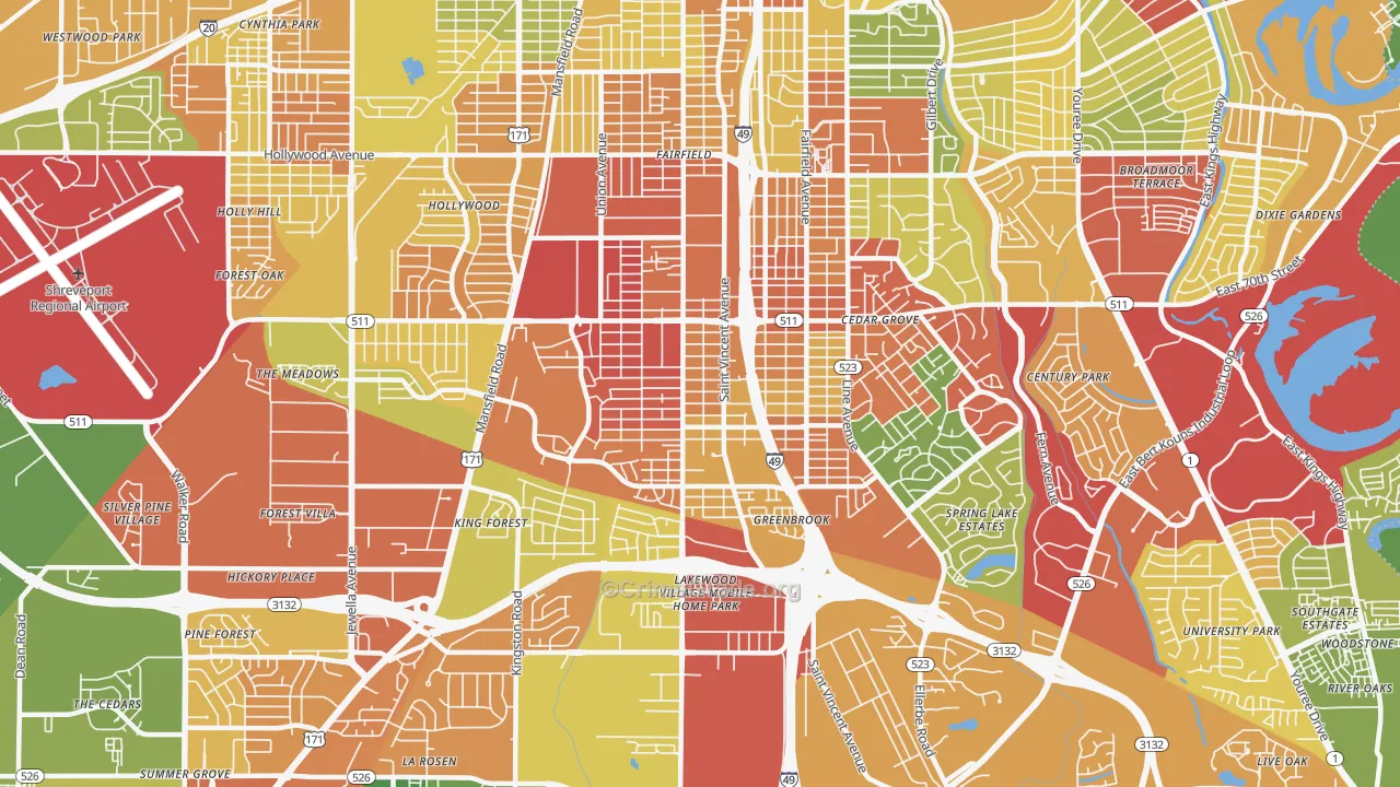 Ceder Grove-Lynbrook, Shreveport, LA Map of Theft Rates
