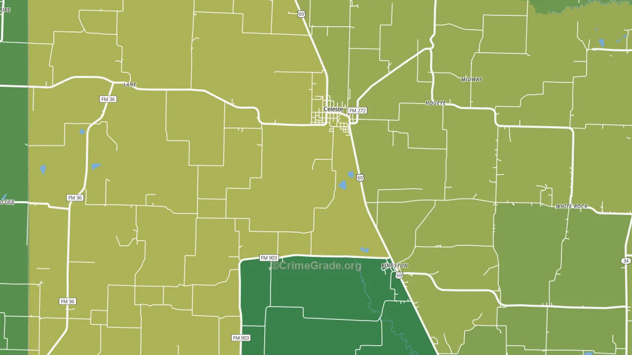 Celeste, TX Map of Theft Rates