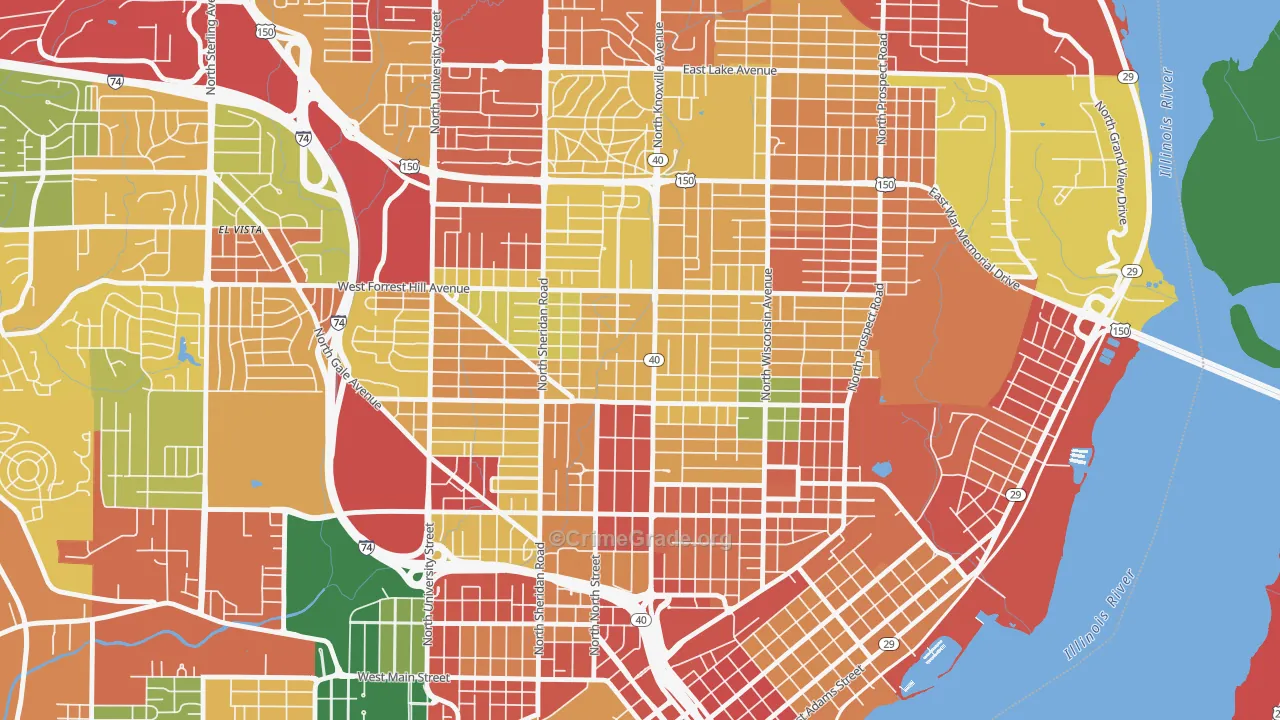Center Bluff, Peoria, IL Map of Theft Rates