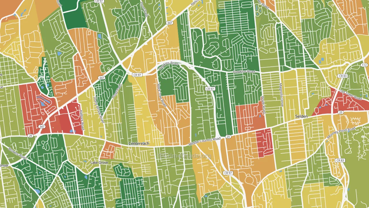 Centereach, NY Map of Theft Rates