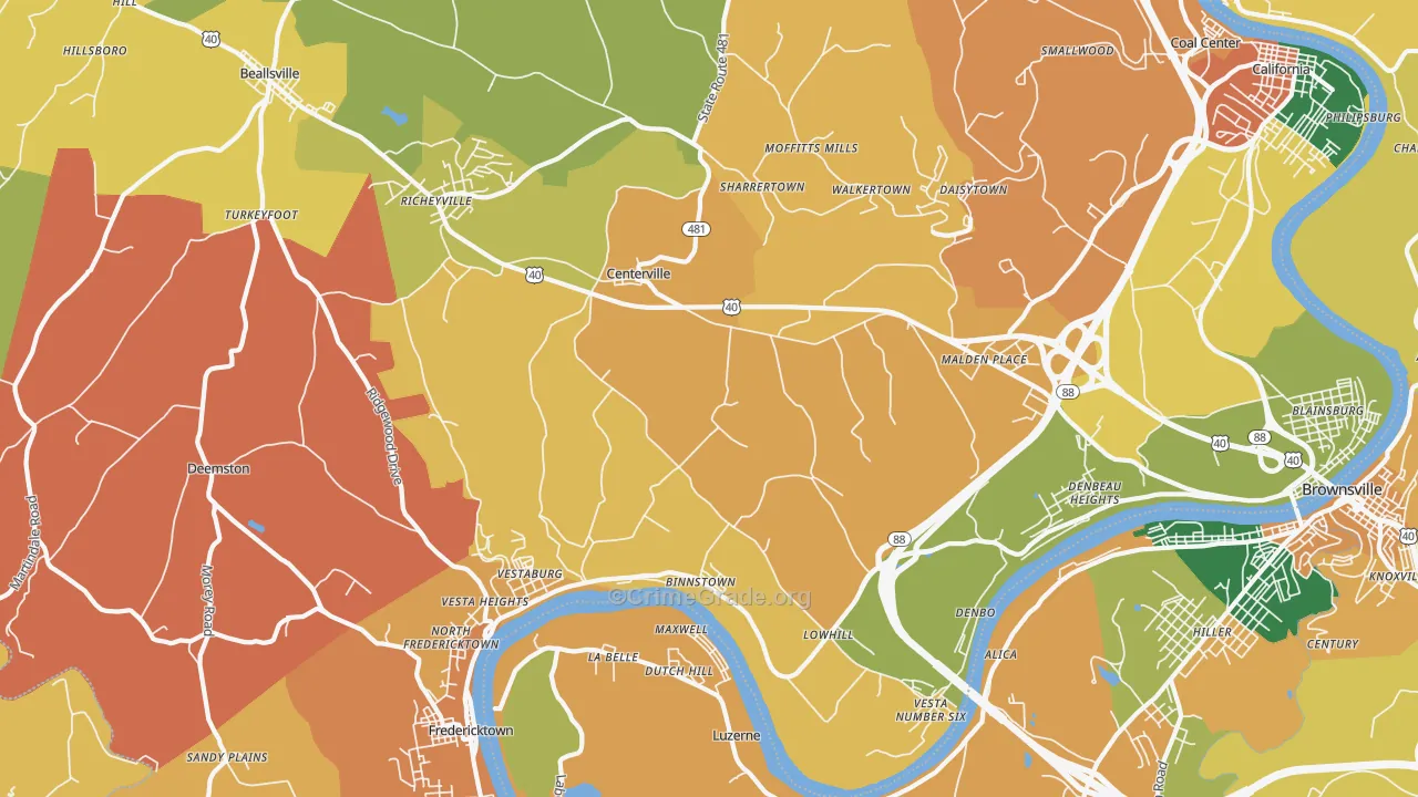 Centerville, Brownsville, PA Map of Theft Rates
