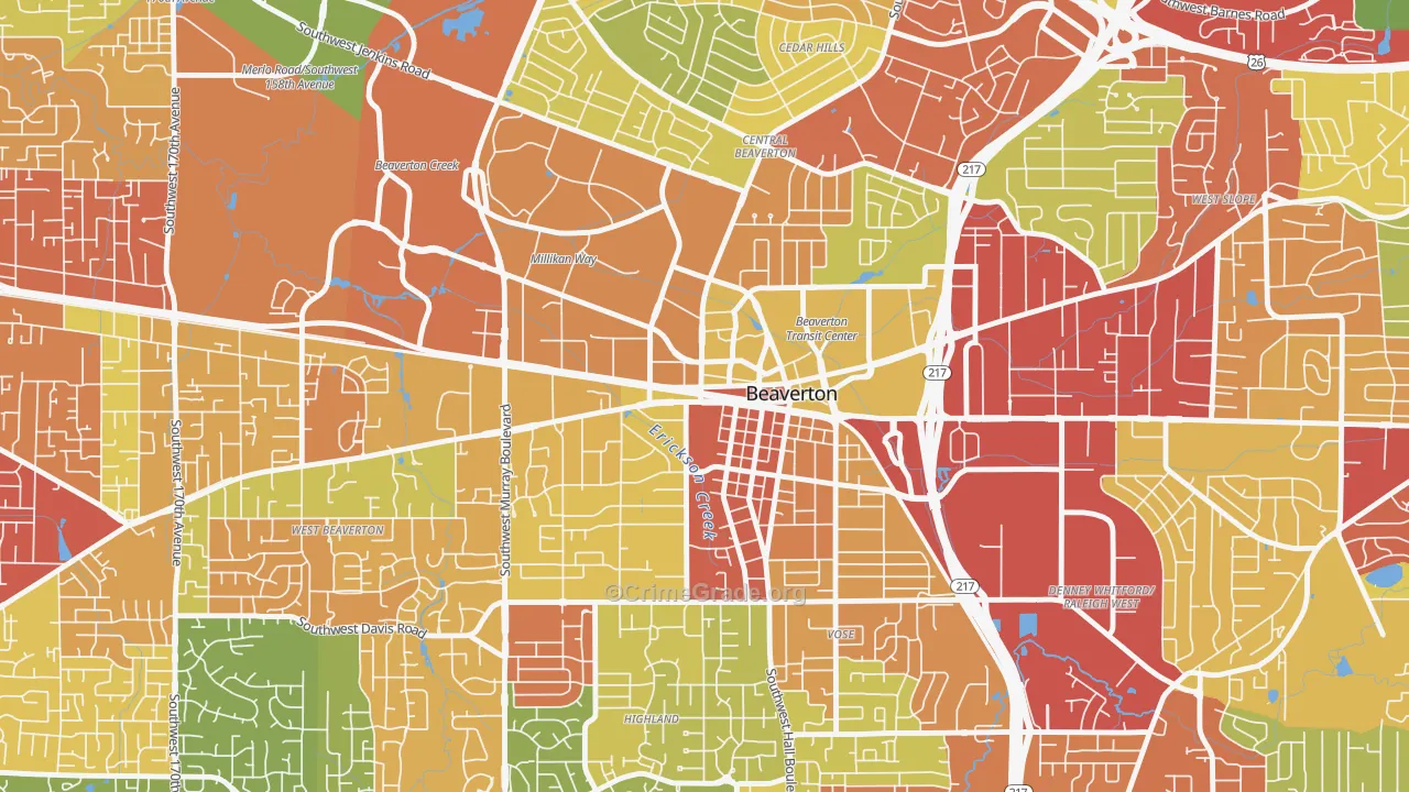 Central Beaverton, Beaverton, OR Map of Theft Rates