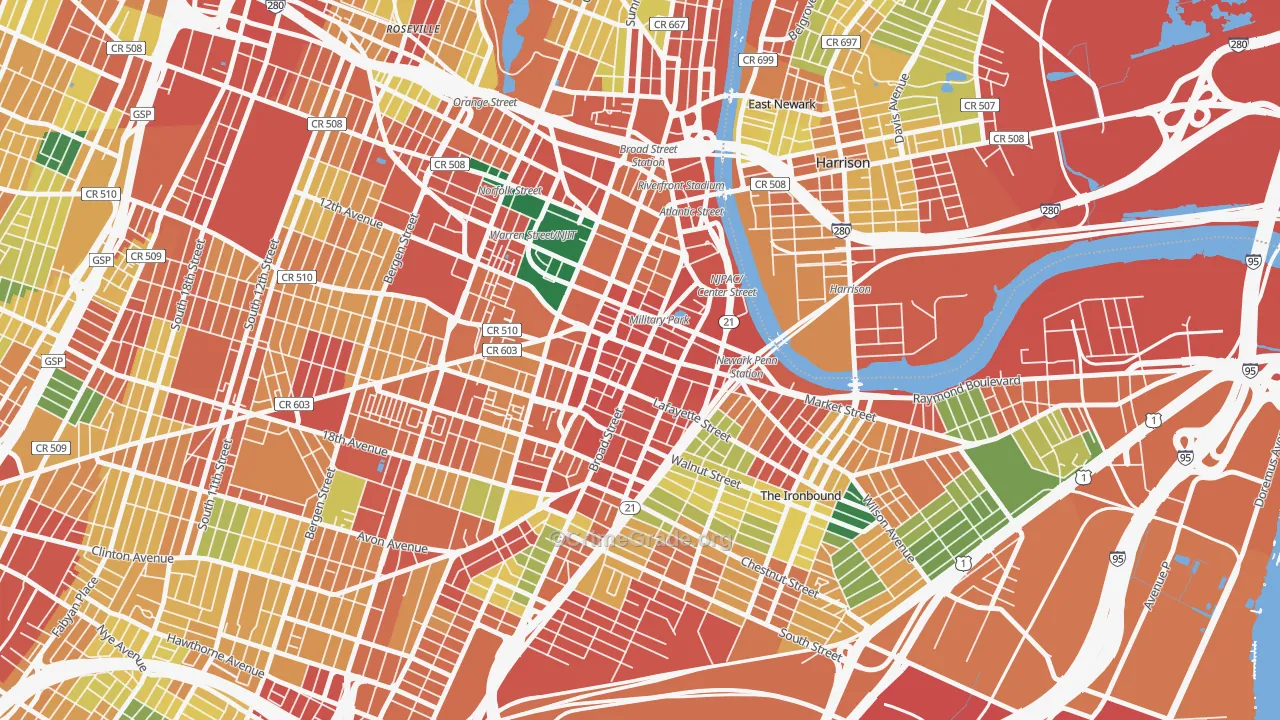 Central Business District, Newark, NJ Map of Theft Rates