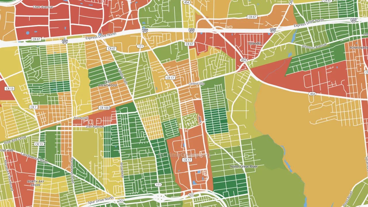 Central Islip, NY Map of Theft Rates