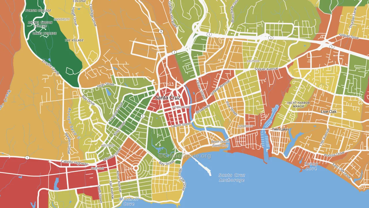 Central Santa Cruz, Santa Cruz, CA Map of Theft Rates