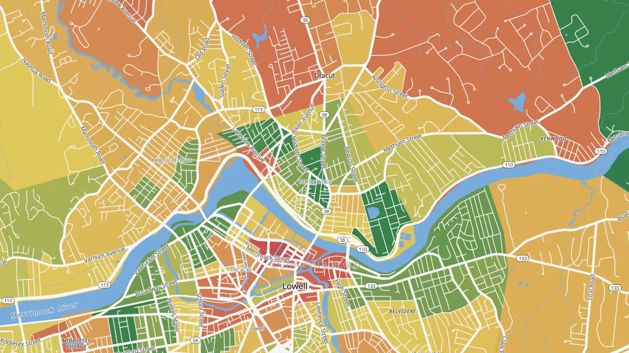 Centralville, Lowell, MA Map of Theft Rates