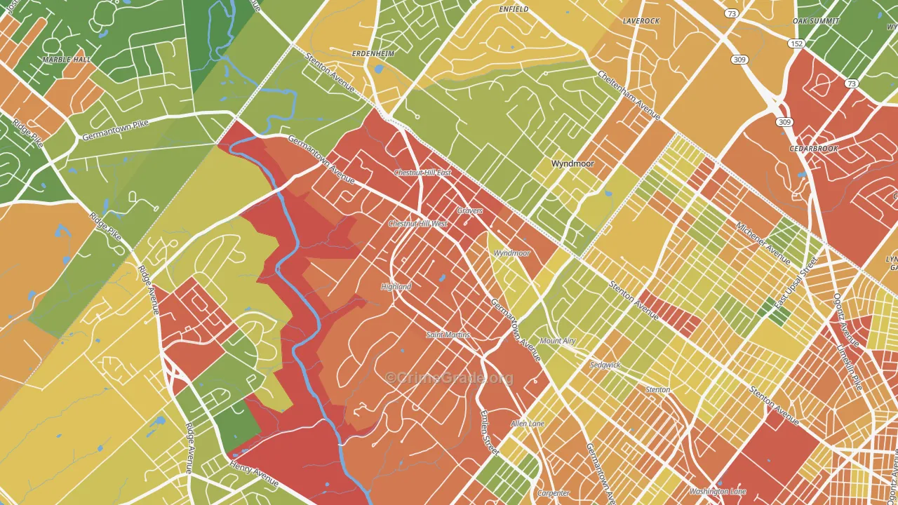 Chestnut Hill, Philadelphia, PA Map of Theft Rates