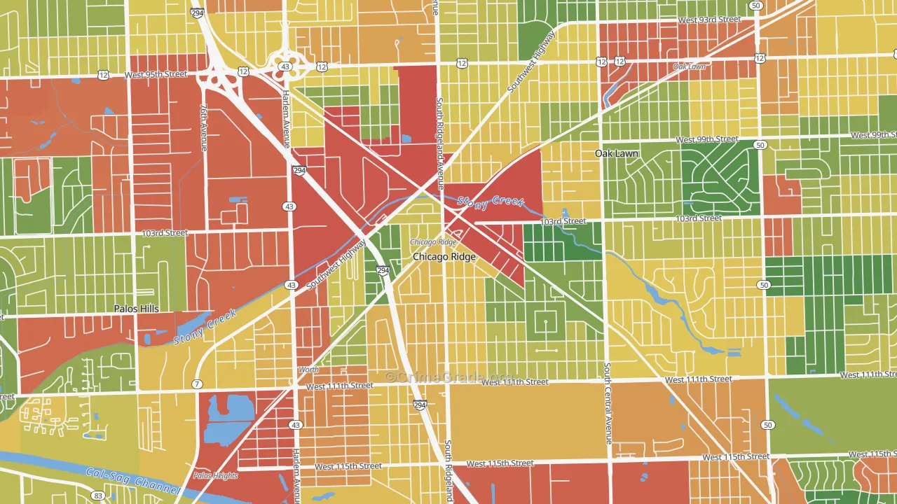 Chicago Ridge, IL Map of Theft Rates