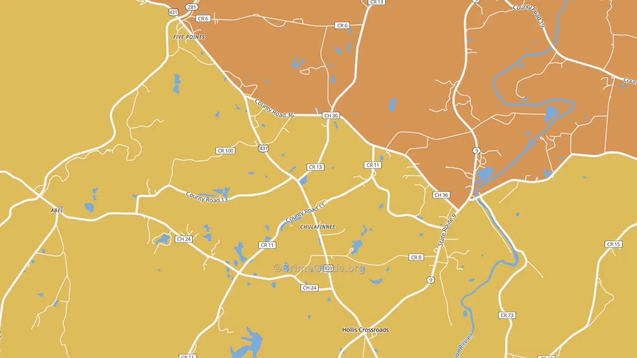 Chulafinnee, AL Map of Theft Rates