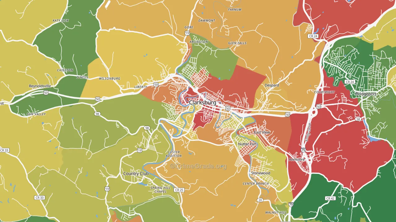 Clarksburg, WV Map of Theft Rates