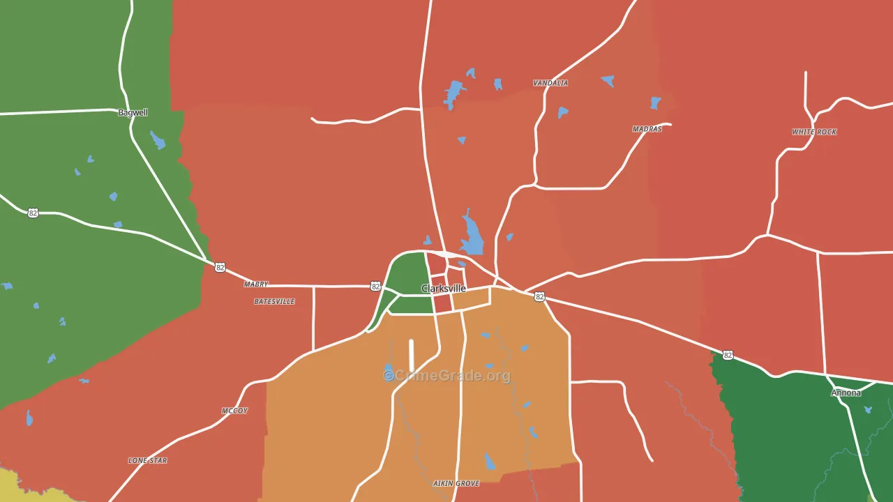 Clarksville, TX Map of Theft Rates