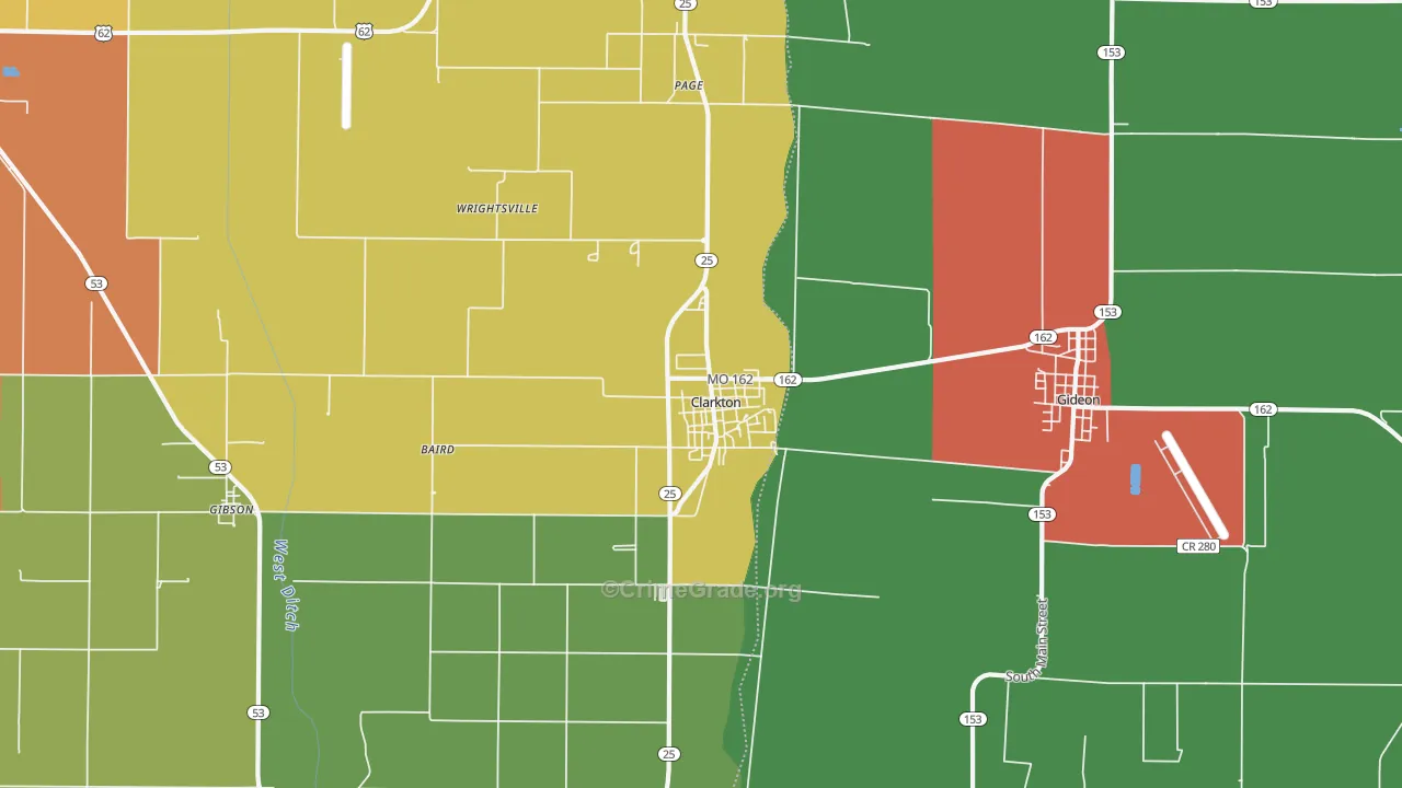 Clarkton, MO Map of Theft Rates
