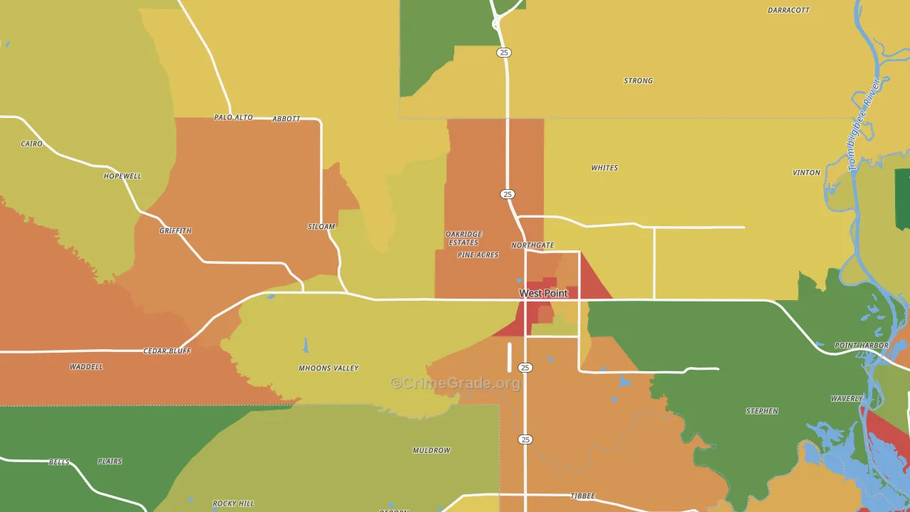 Clay County, MS Map of Theft Rates