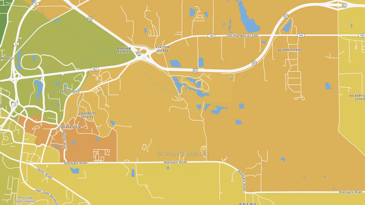 Clayton Village, MS Map of Theft Rates