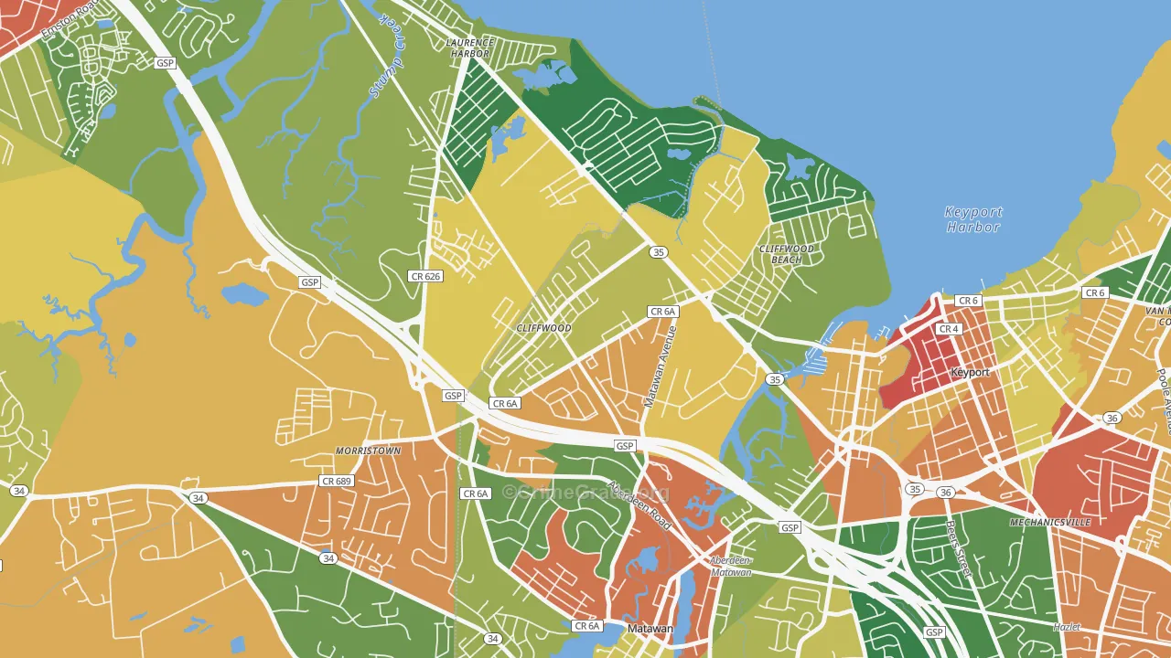 Cliffwood, NJ Map of Theft Rates