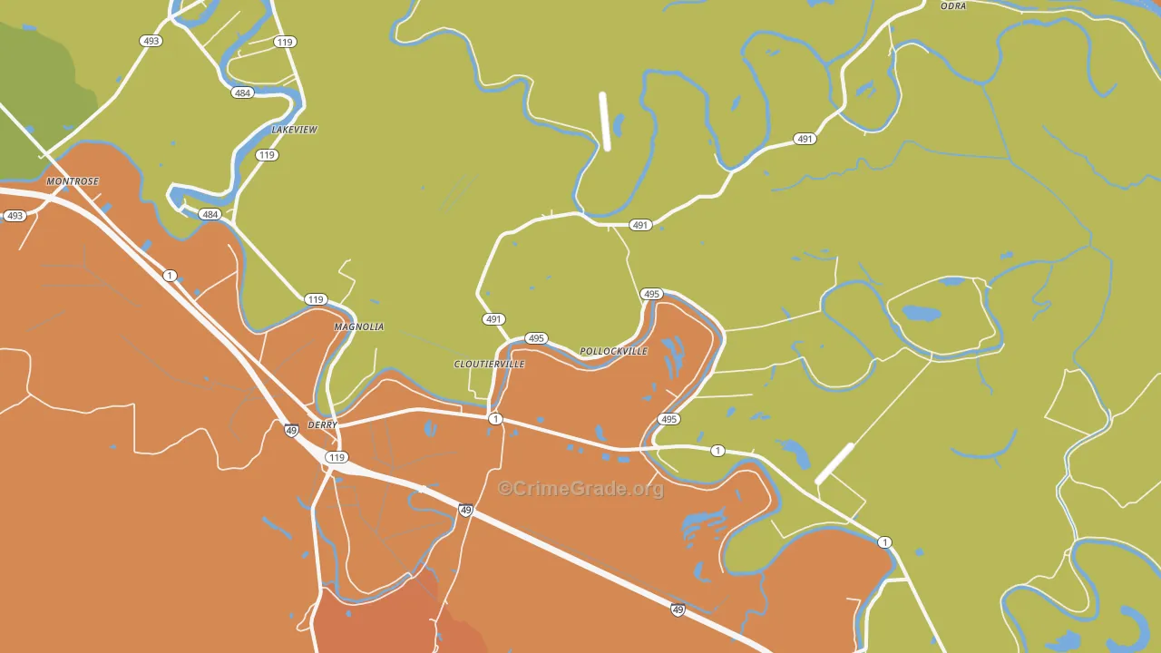 Cloutierville, LA Map of Theft Rates