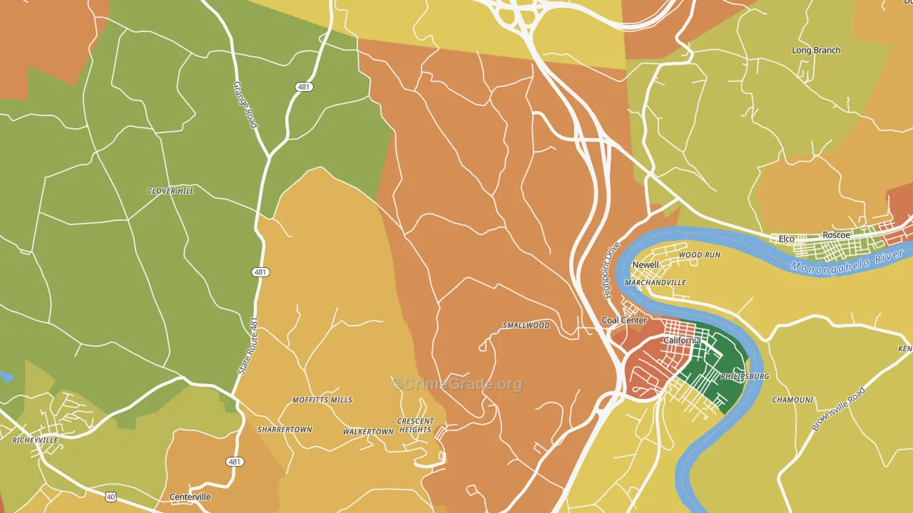 Coal Center, PA Map of Theft Rates
