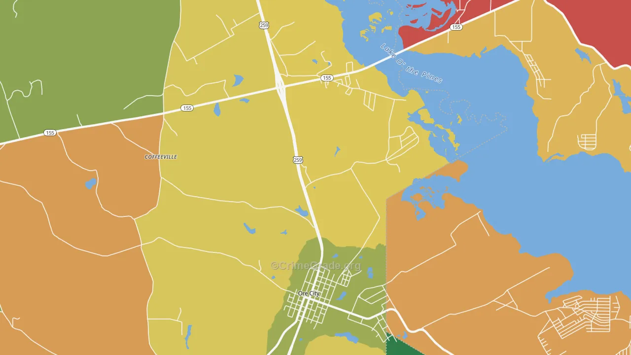 Coffeeville, TX Map of Theft Rates