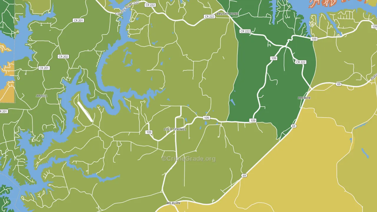 Cold Springs, AL Map of Theft Rates