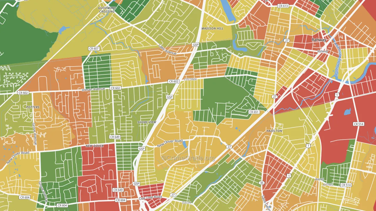 Colonia, NJ Map of Theft Rates