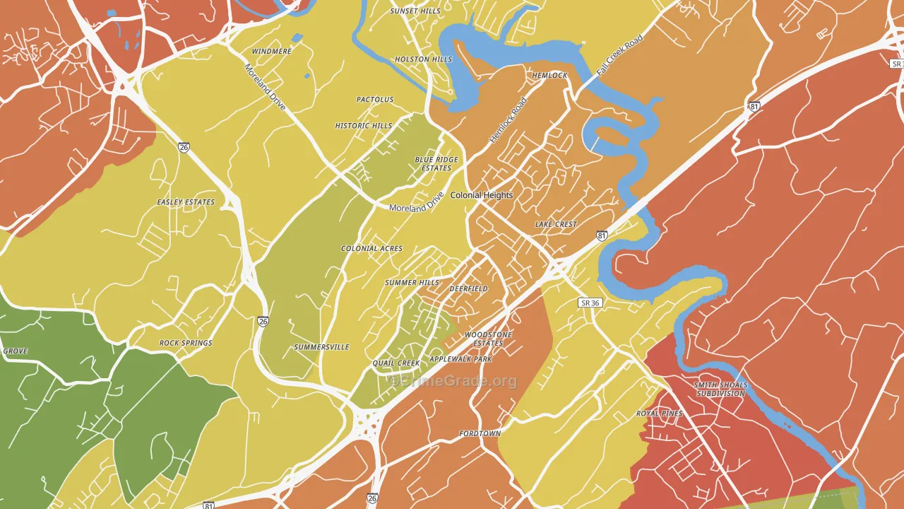 Colonial Heights, TN Map of Theft Rates