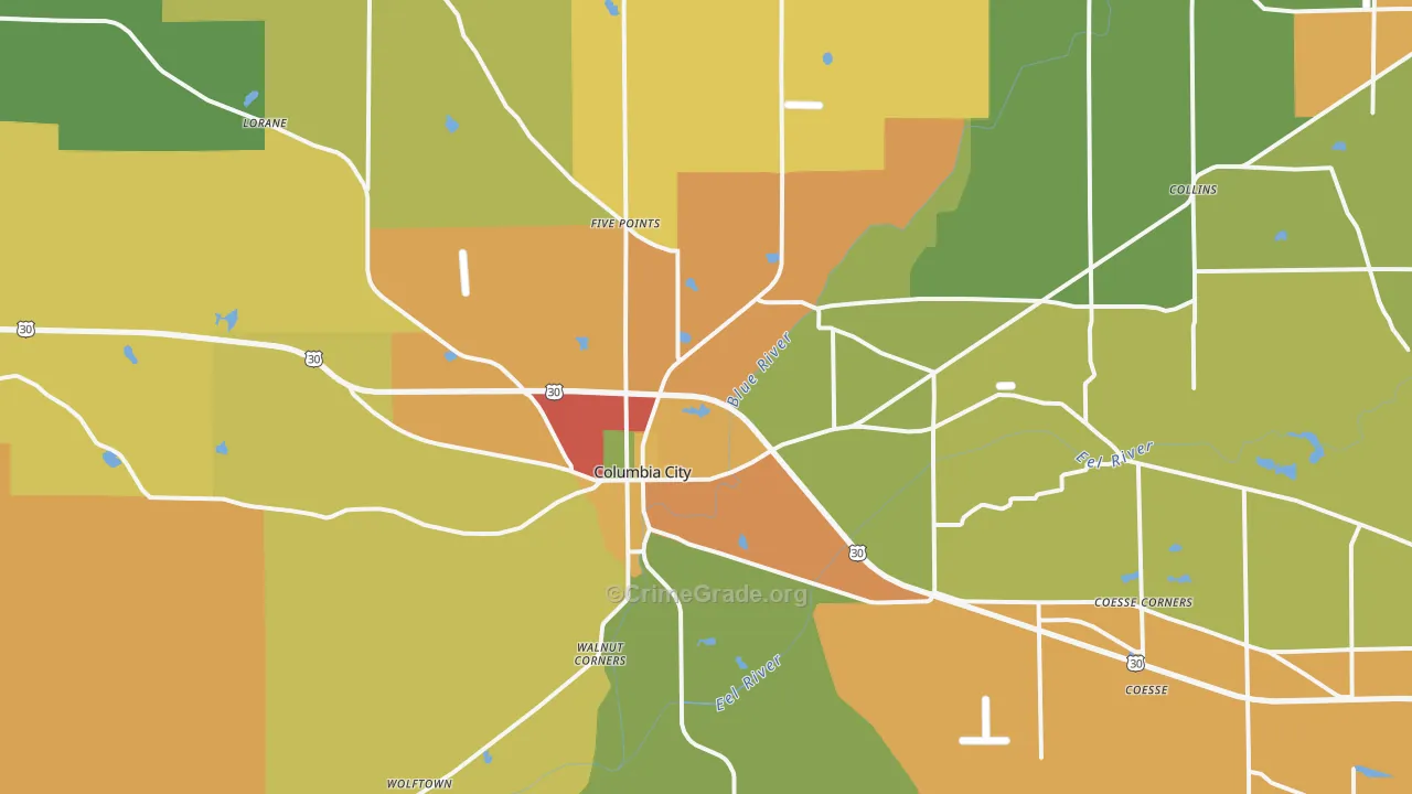 Columbia City, IN Map of Theft Rates