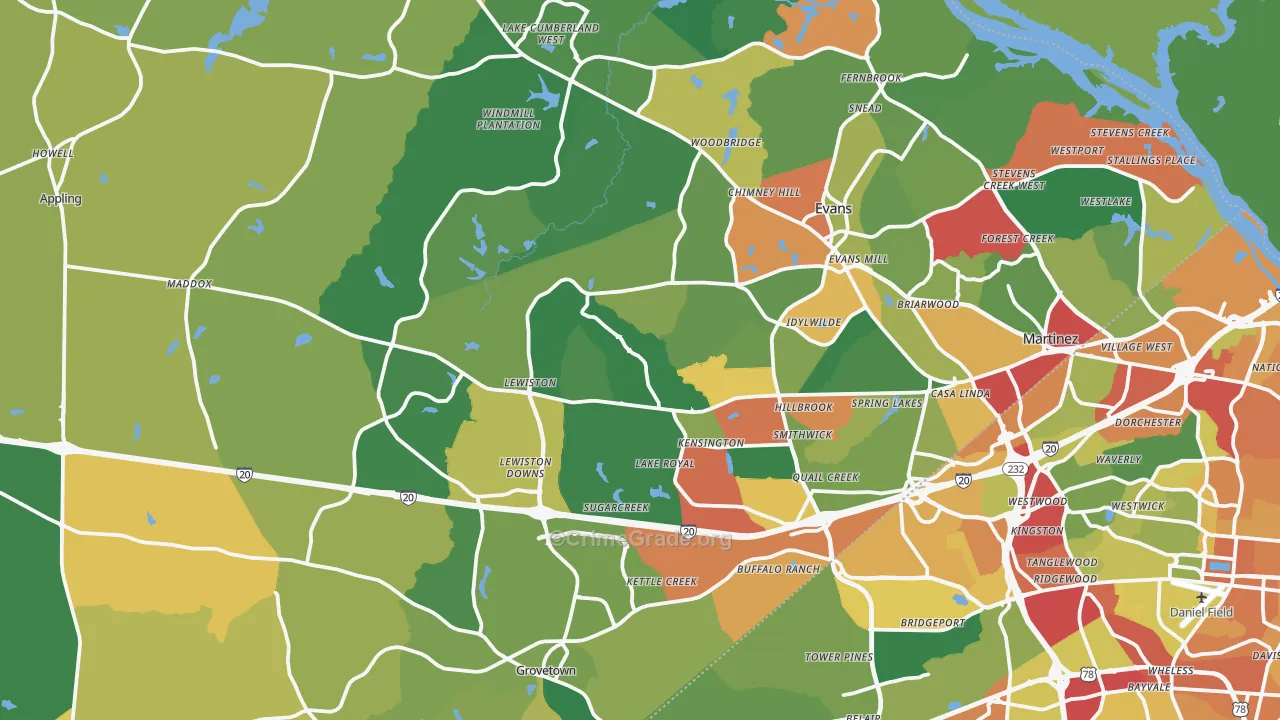 Columbia County, GA Map of Theft Rates
