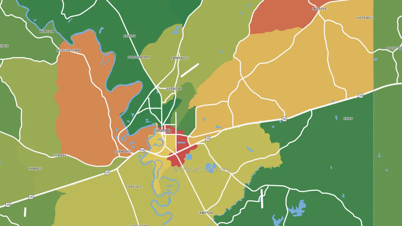 Columbia, MS Map of Theft Rates