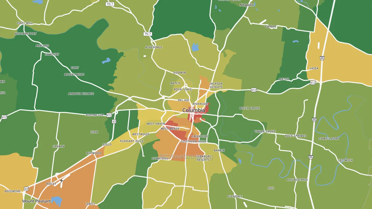Columbia, TN Map of Theft Rates