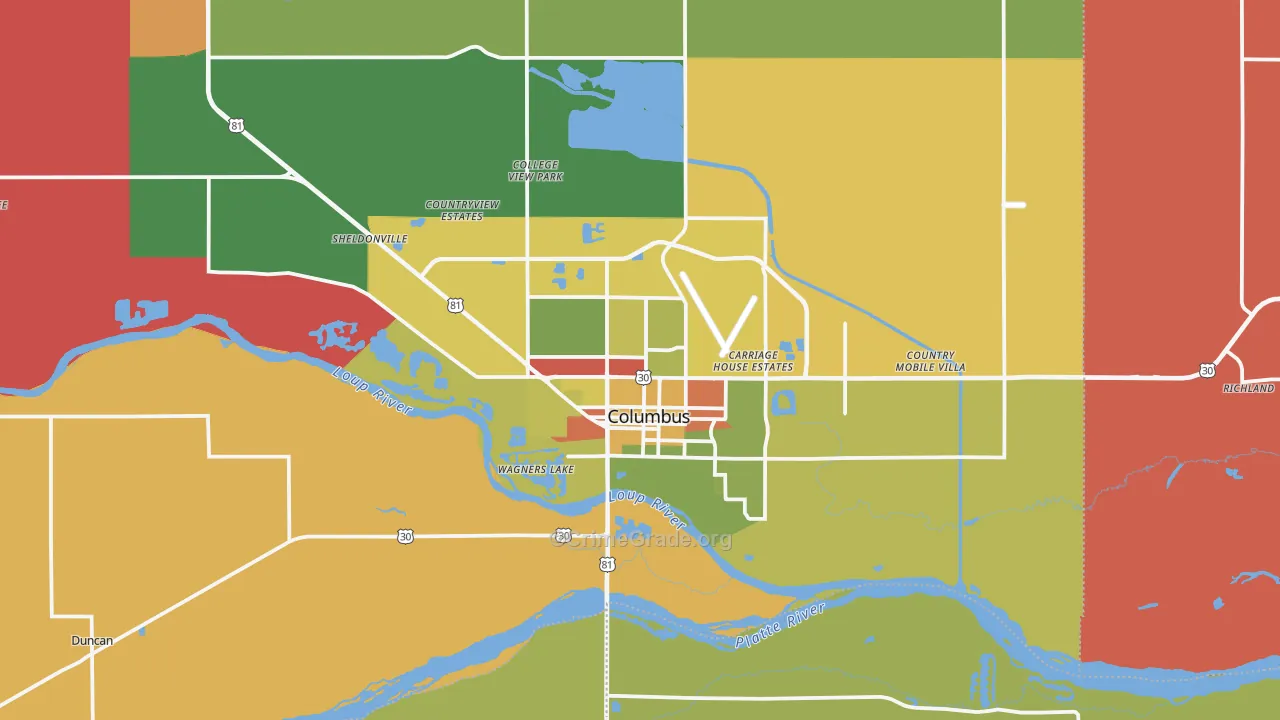 Columbus, NE Map of Theft Rates