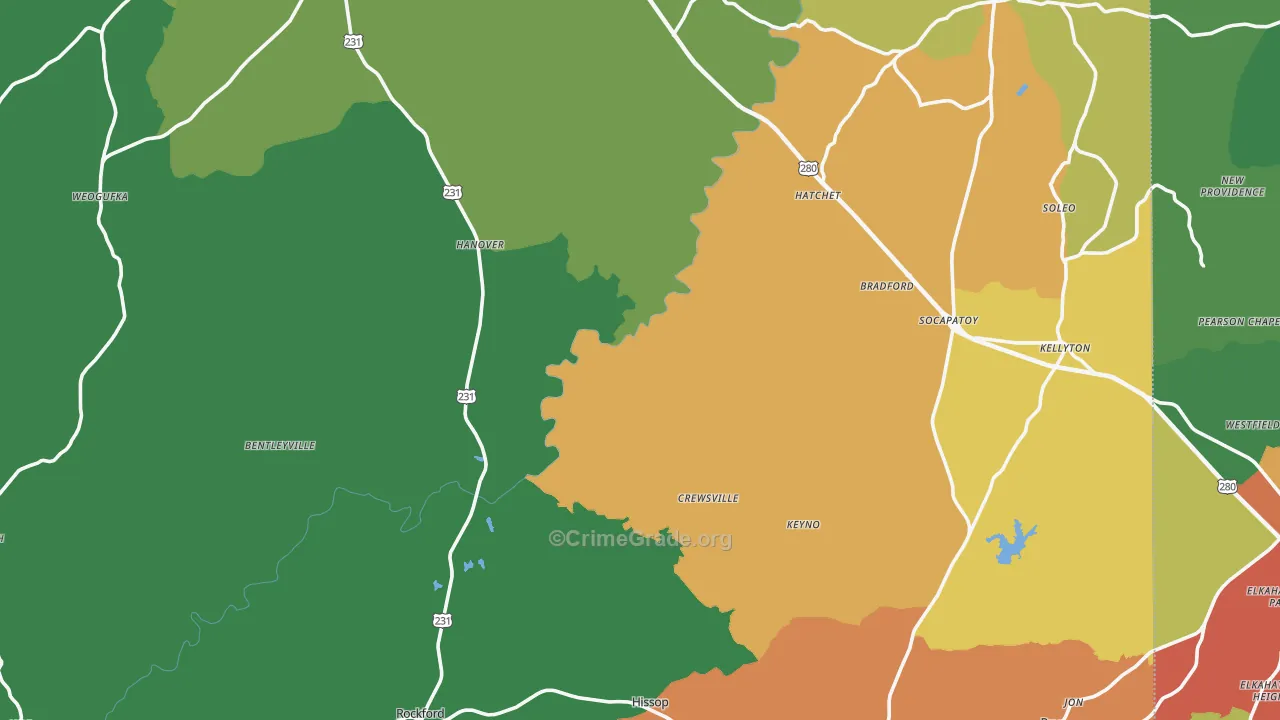 Coosa County, AL Map of Theft Rates