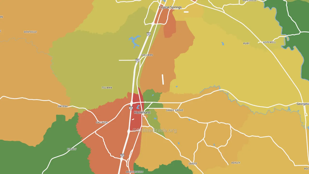 Copiah County, MS Map of Theft Rates