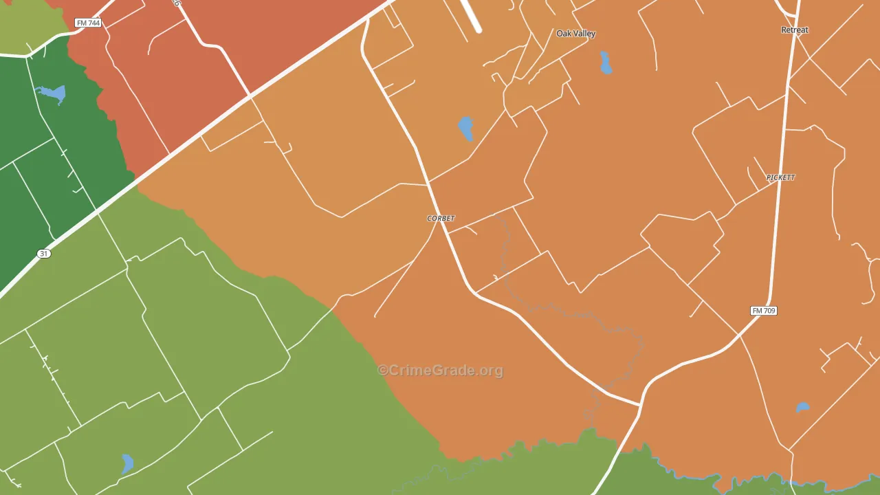 Corbet, TX Map of Theft Rates
