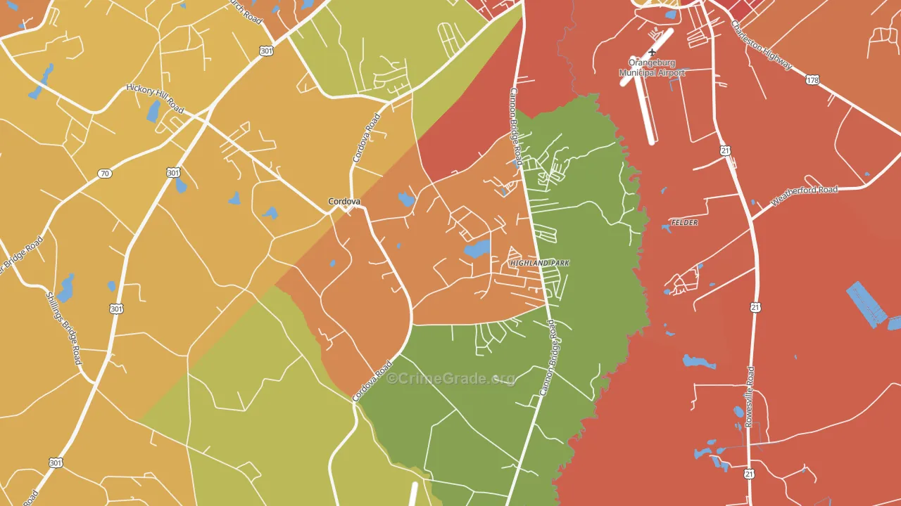 Cordova, SC Map of Theft Rates