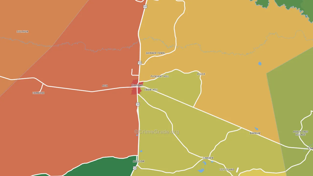 Corrigan, TX Map of Theft Rates