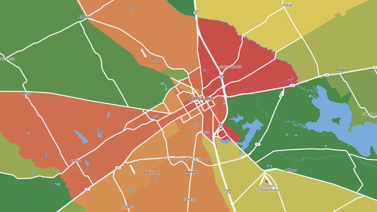 Corsicana, TX Map of Theft Rates