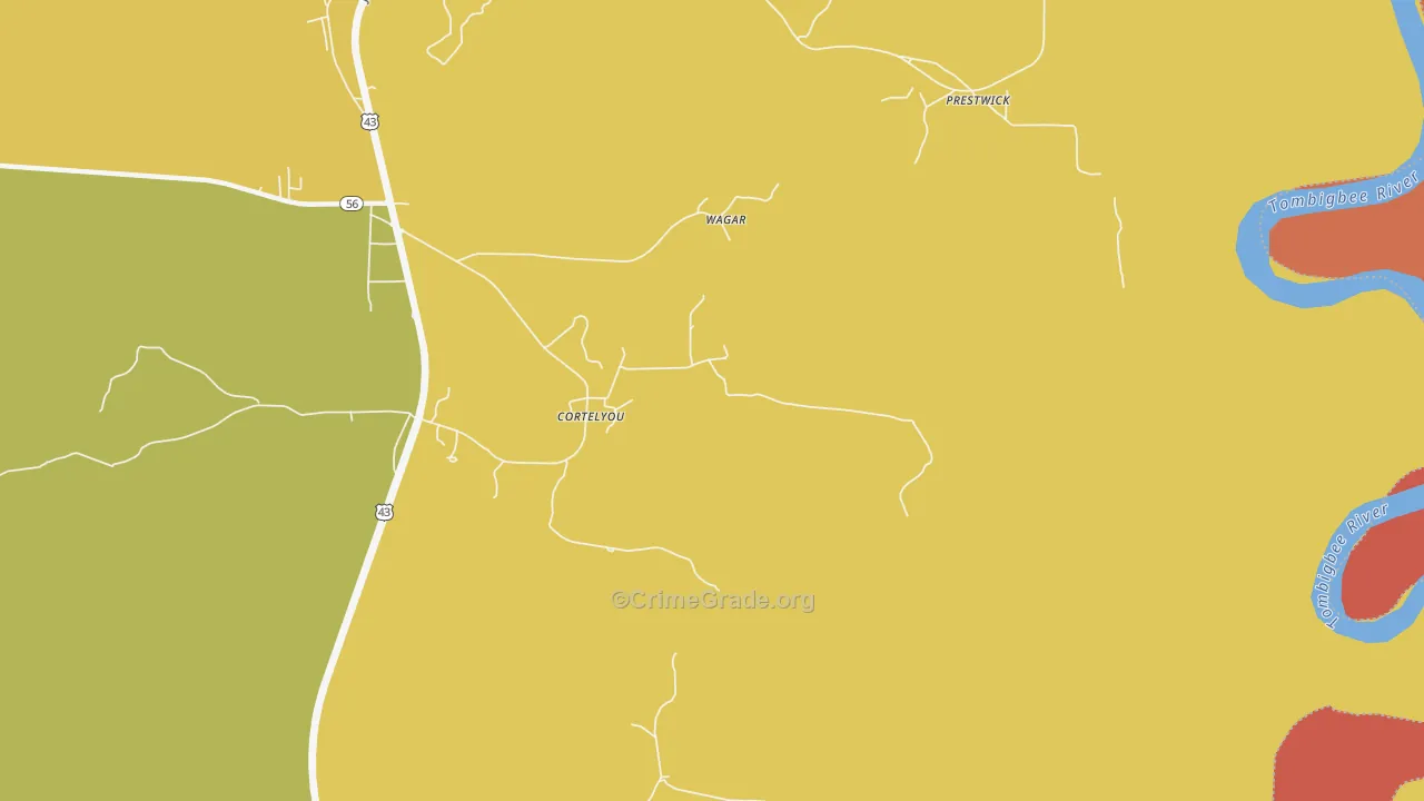 Cortelyou, AL Map of Theft Rates