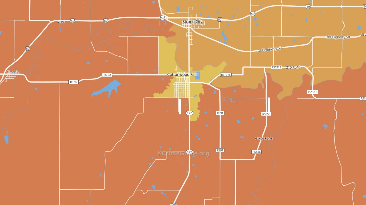 Cottonwood Falls, KS Map of Theft Rates