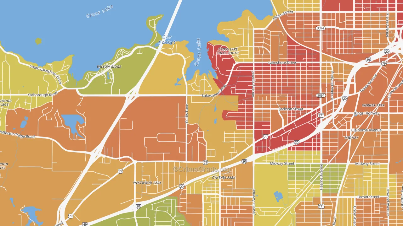 Country Club Hills Lakeshore Shops, Shreveport, LA Map of Theft Rates