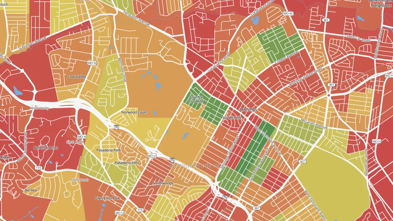 Country Club Hills, MO Map of Theft Rates