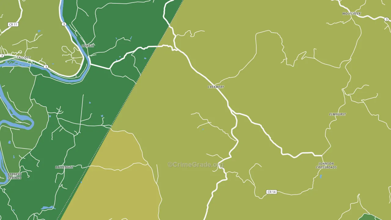 Creamery, WV Map of Theft Rates