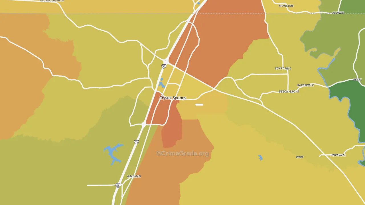 Crystal Springs, MS Map of Theft Rates