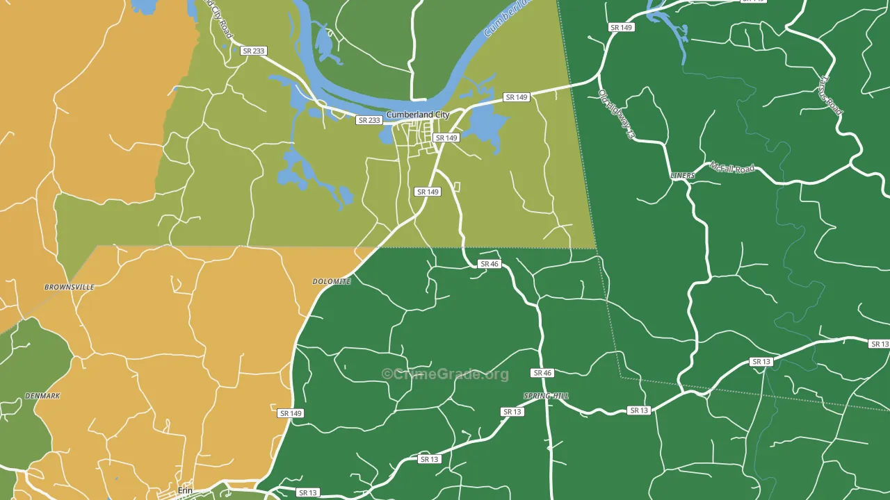 Cumberland City, TN Map of Theft Rates