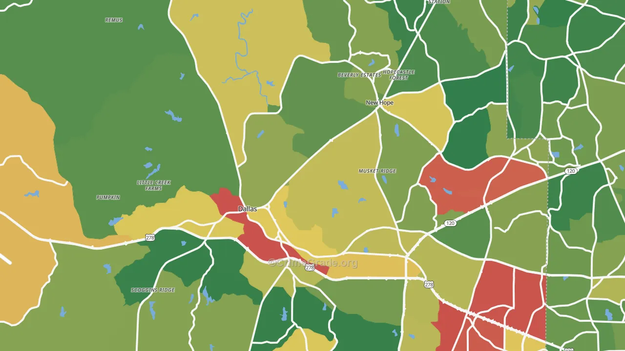 Dallas, GA Map of Theft Rates
