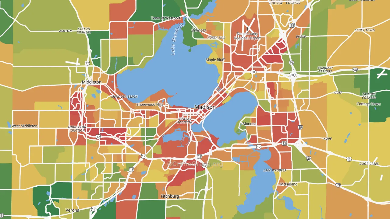 Dane County, WI Map of Theft Rates