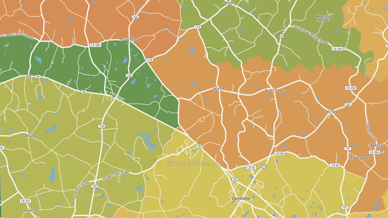 Danielsville, GA Map of Theft Rates